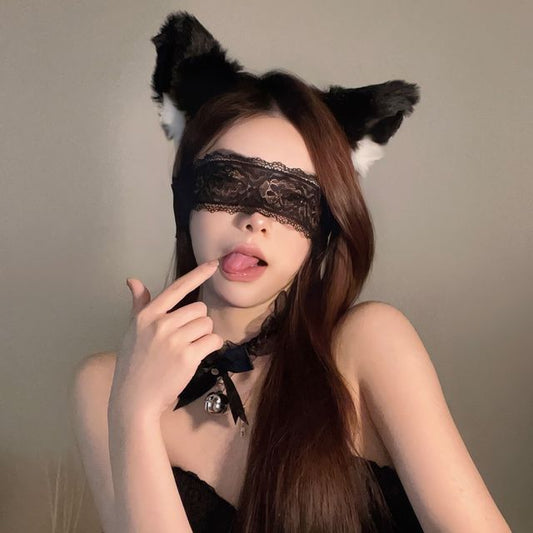 Cat Ear Chenille Headband / Lace Eye Mask / Set