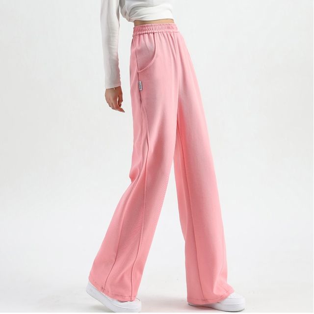 High Waist Plain Pocketed Drawstring Wide Leg Sweatpants