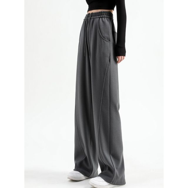 High Waist Plain Pocketed Drawstring Wide Leg Sweatpants