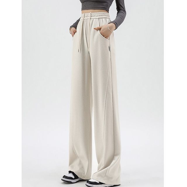 High Waist Plain Pocketed Drawstring Wide Leg Sweatpants