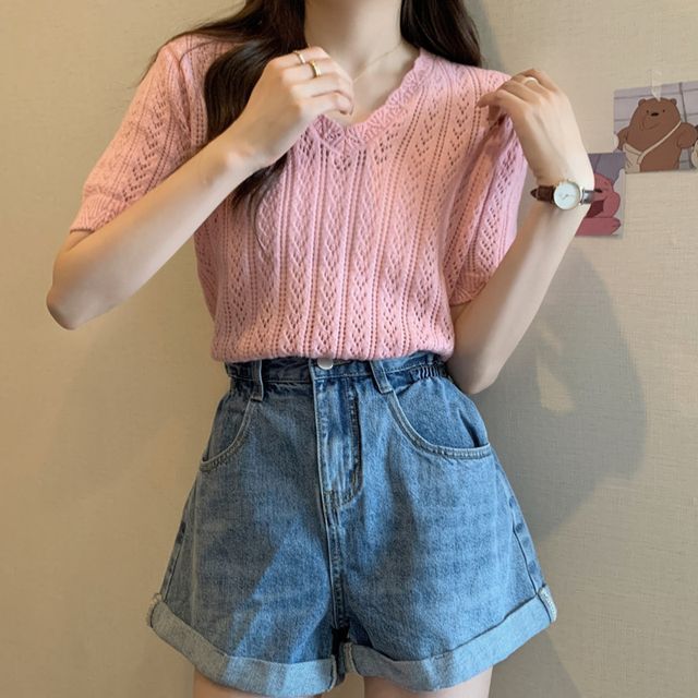 V-Neck Short-Sleeve Top Crochet Knit