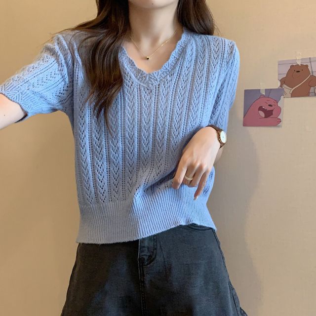 V-Neck Short-Sleeve Top Crochet Knit