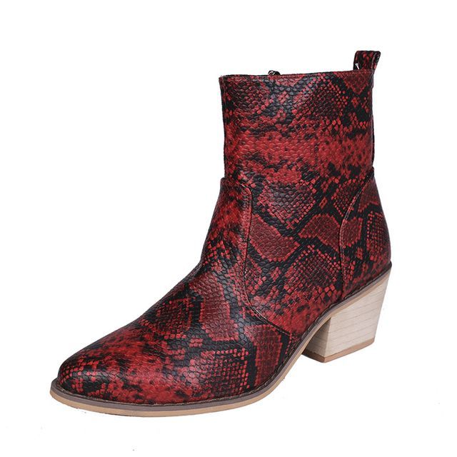 Snakeskin Print Chunky Heel Short Boots