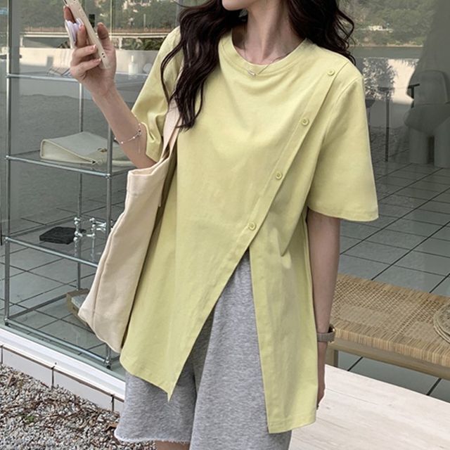 Neck Plain Crew Short-Sleeve Tee Side-Slit