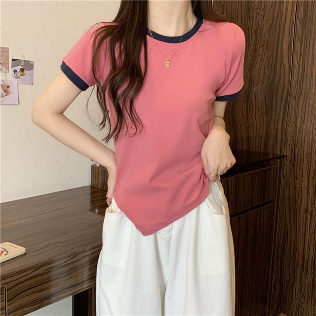 Contrast Neck Asymmetrical Tee Short-Sleeve Trim Crew Plain