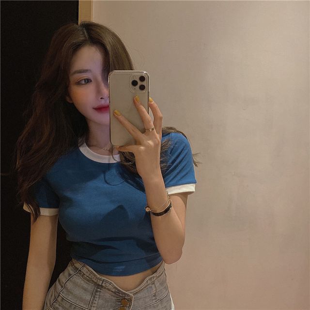 Trim Neck Short-Sleeve Crew Cropped Plain Contrast Tee