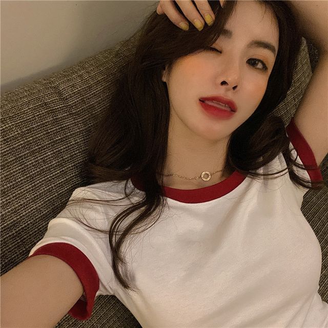 Trim Neck Short-Sleeve Crew Cropped Plain Contrast Tee