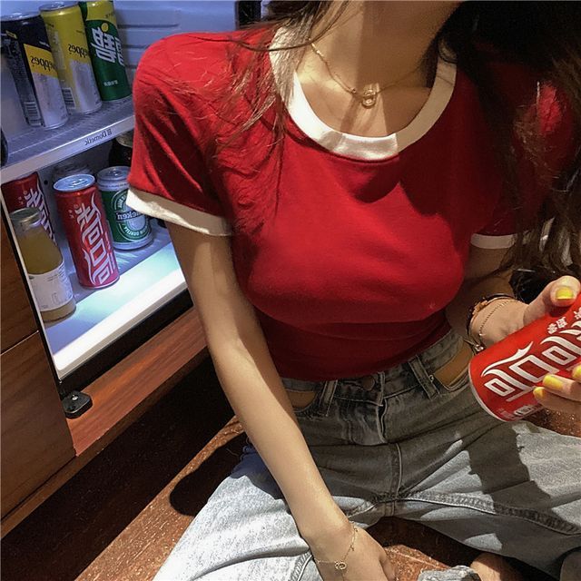 Trim Neck Short-Sleeve Crew Cropped Plain Contrast Tee
