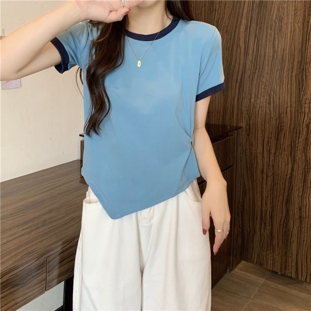 Contrast Neck Asymmetrical Tee Short-Sleeve Trim Crew Plain