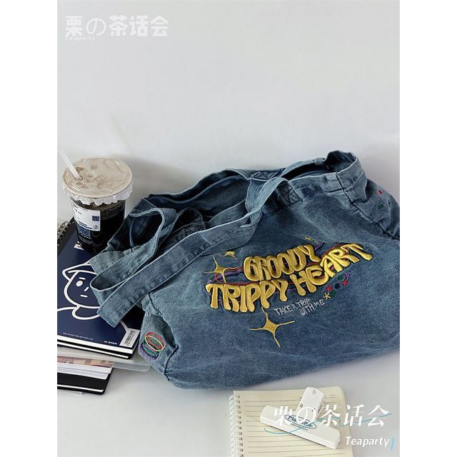 Letter Embroidered Denim Tote Bag / Bag Charm / Set