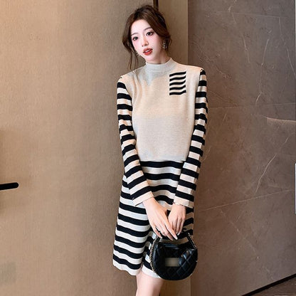 Set: Long-Sleeve High Neck Striped Mini Knit Dress + High Neck Paneled Sweater Vest