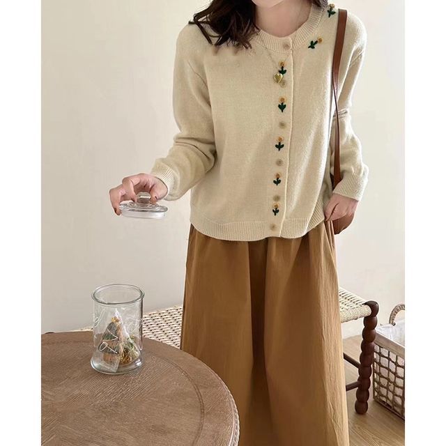 Neck Floral Crew Cardigan Plain