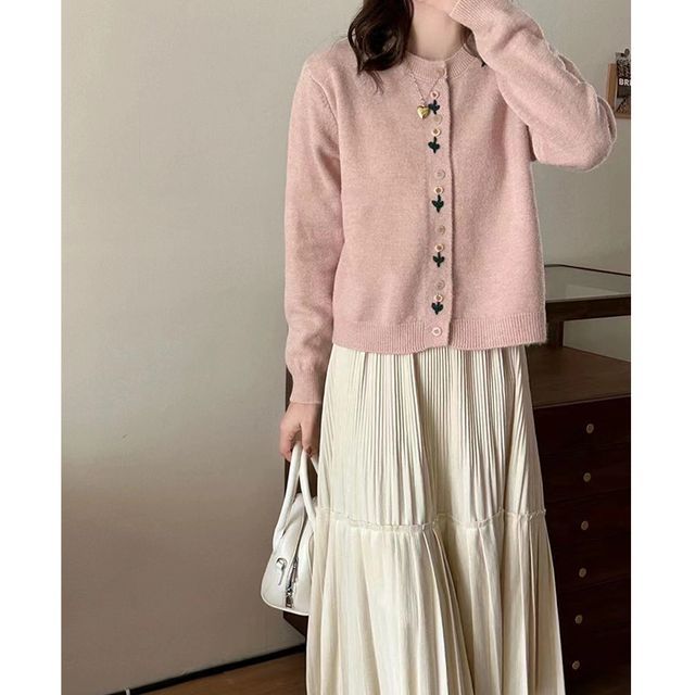 Neck Floral Crew Cardigan Plain