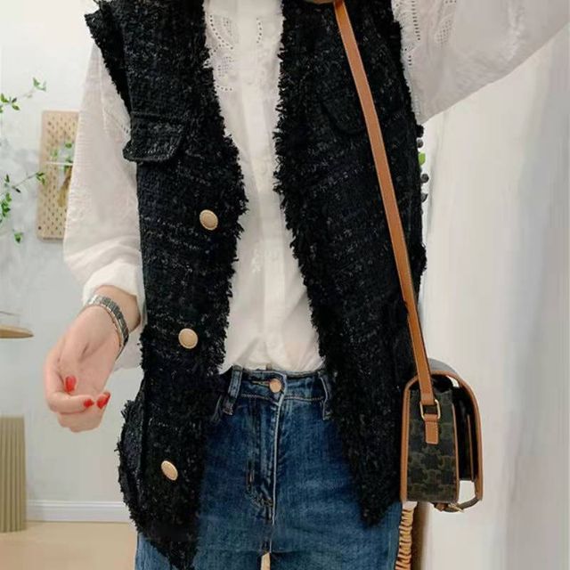 V-Neck Tweed Tassel Trim Button-Up Vest