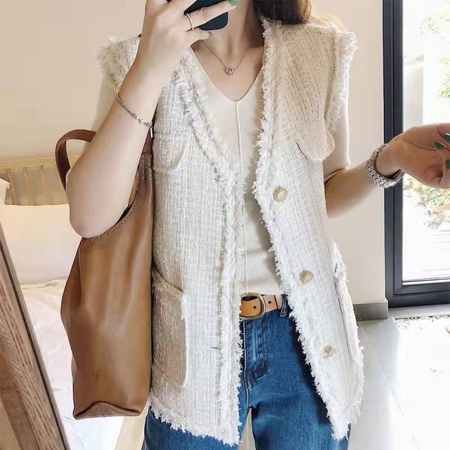 V-Neck Tweed Tassel Trim Button-Up Vest