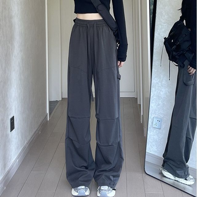 High Rise Drawstring Plain Wide Leg Parachute Cargo Sweatpants