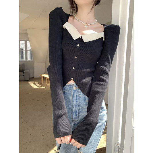 Square-Neck Slim-Fit Top Puff-Sleeve Knit