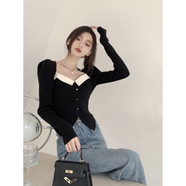 Square-Neck Slim-Fit Top Puff-Sleeve Knit
