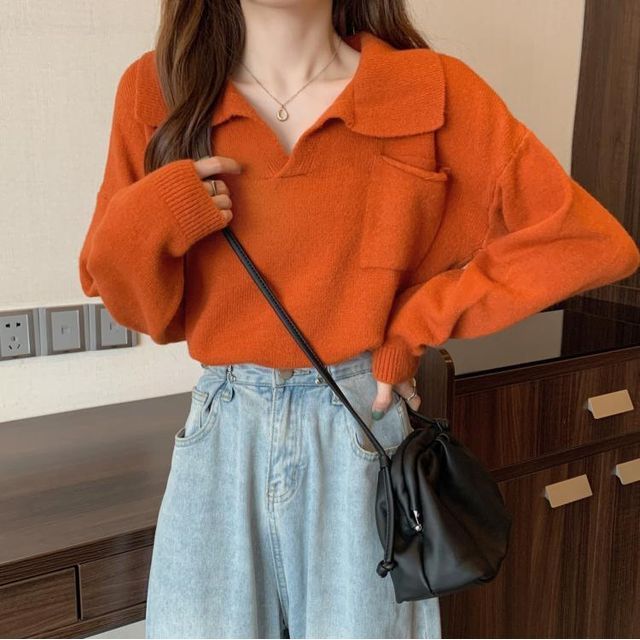 Plain Sweater Loose-Fit V-Neck