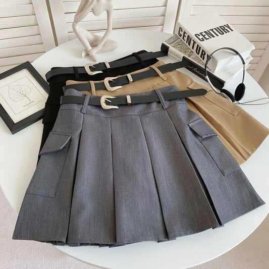 Set: High Waist Plain Pleated Mini A-Line Cargo Skirt + Faux Leather Belt