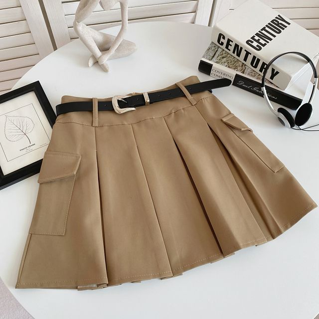 Set: High Waist Plain Pleated Mini A-Line Cargo Skirt + Faux Leather Belt