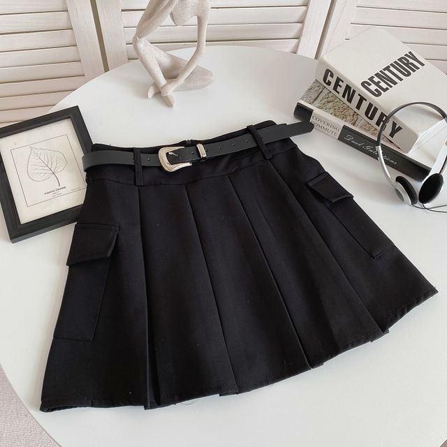 Set: High Waist Plain Pleated Mini A-Line Cargo Skirt + Faux Leather Belt