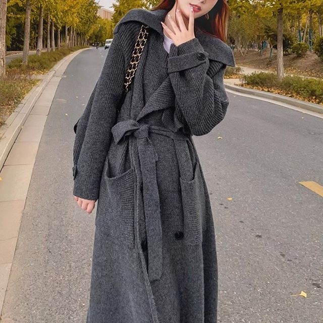 Plain Midi Knit Double-Breasted Trench Coat