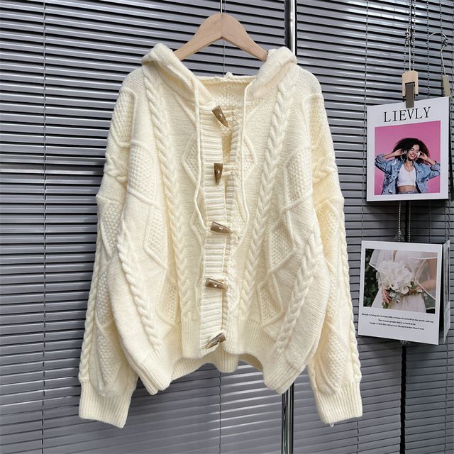 Plain Hooded Cable Knit Toggle Cardigan