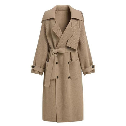 Plain Midi Knit Double-Breasted Trench Coat