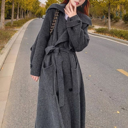 Plain Midi Knit Double-Breasted Trench Coat