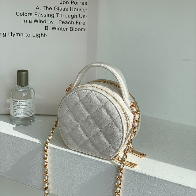 Faux Leather Quilted Round Crossbody Bag