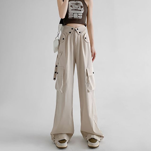 Waist Detailed Pocketed High Waist Plain Wide Leg Cargo Pants