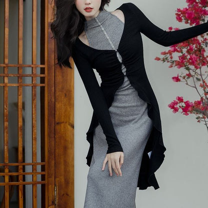 Sleeveless Mock Neck Plain Midi Sheath Dress / Plain Long Cardigan / Set