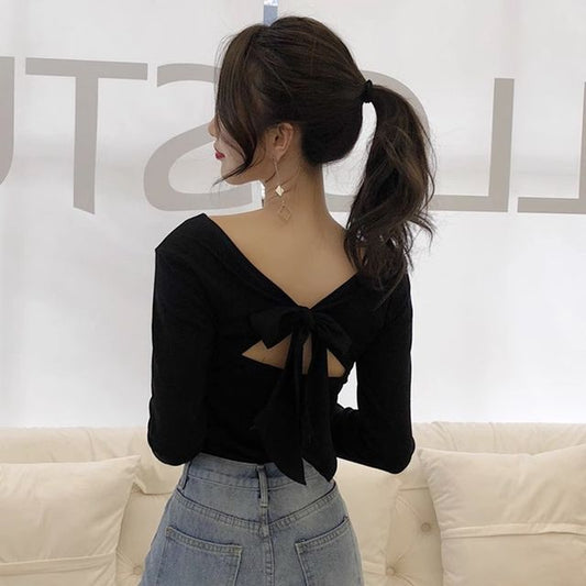 Long-Sleeve V-Neck Plain Bow Back T-Shirt