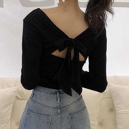 Long-Sleeve V-Neck Plain Bow Back T-Shirt