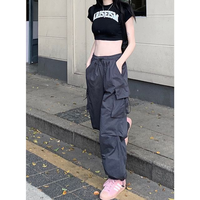 Mid Waist Plain Drawstring Cargo Baggy Pants