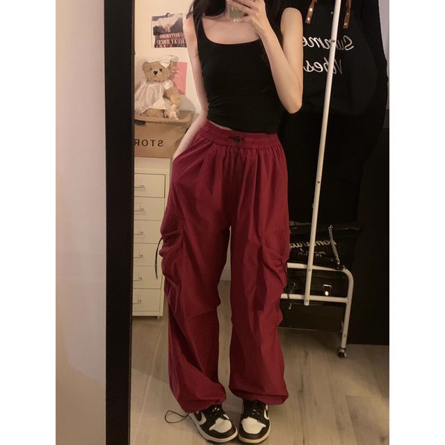 Mid Waist Plain Drawstring Cargo Baggy Pants