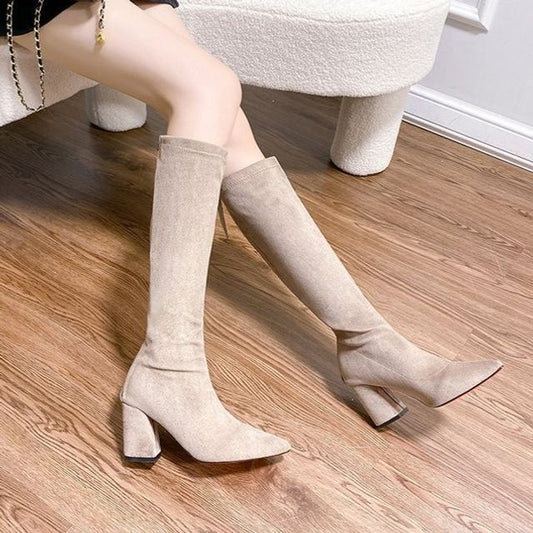 Pointed Chunky Heel Tall Boots