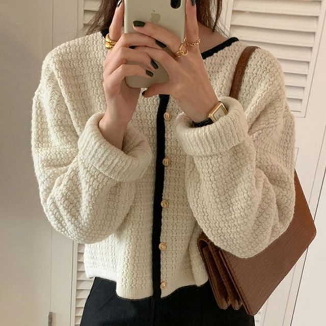 Plain Contrast Trim Cardigan