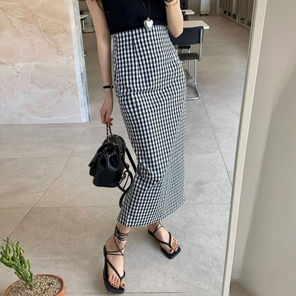 High Waist Gingham Midi Pencil Skirt