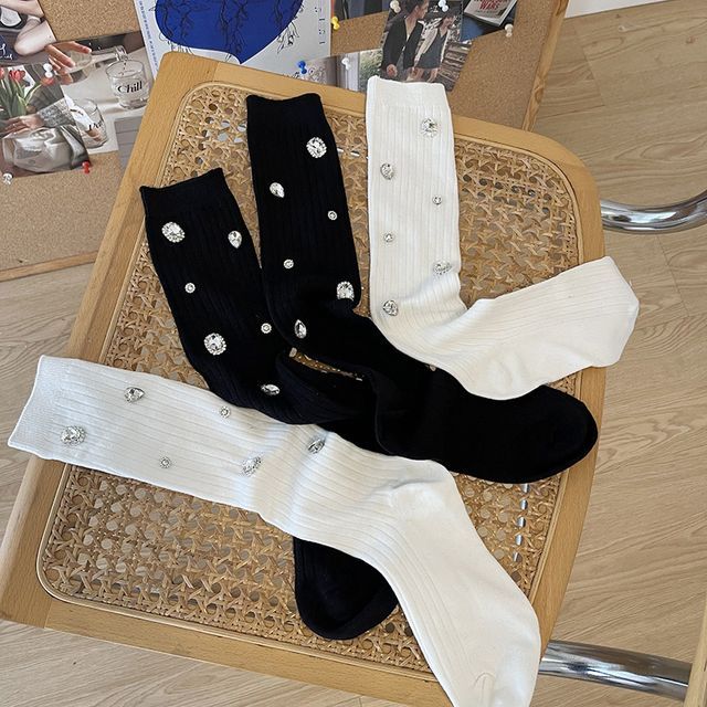 Plain Rhinestone Ribbed Socks