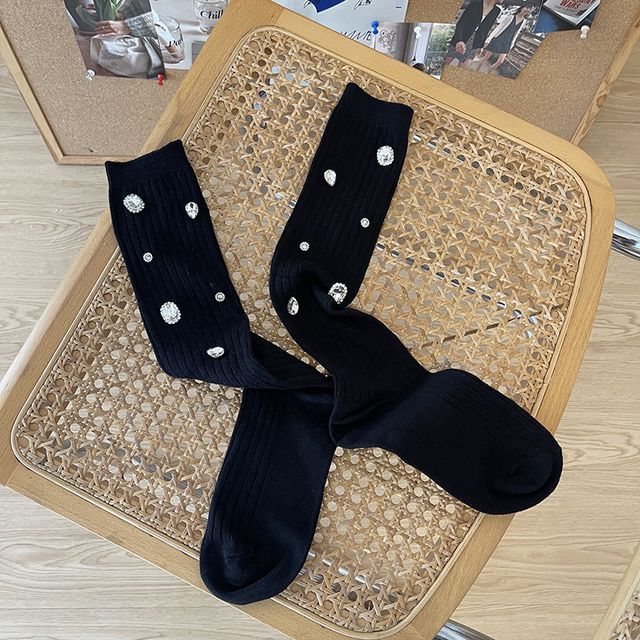 Plain Rhinestone Ribbed Socks