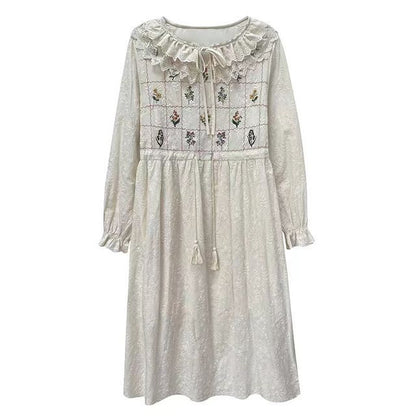 Flower Embroidered Single-Breasted Vest / Long-Sleeve Lace Trim Midi A-Line Dress