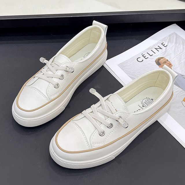 Lace-Up Slip-Ons Contrast Faux Trim Leather Platform
