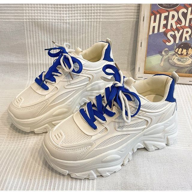 Sneakers Faux Tone Mesh Two Lace-Up Leather Platform Panel