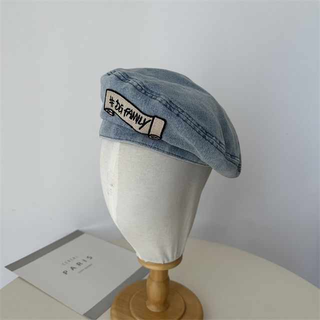 Lettering Embroidered Hat Denim Beret