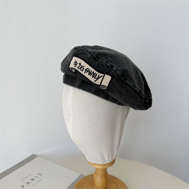 Lettering Embroidered Hat Denim Beret
