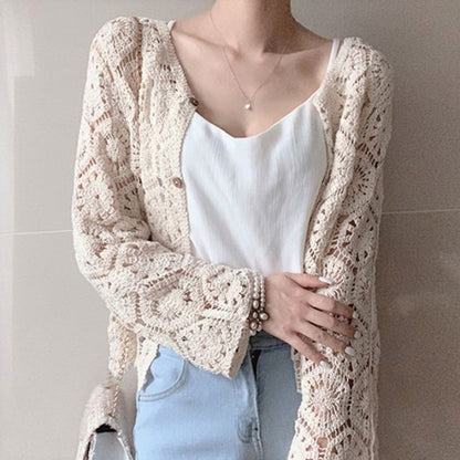 Plain Crop Crochet Knit Cardigan