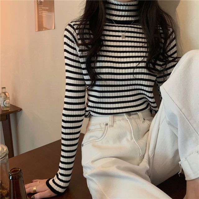 Long-Sleeve Turtleneck Striped Ribbed Knit Top