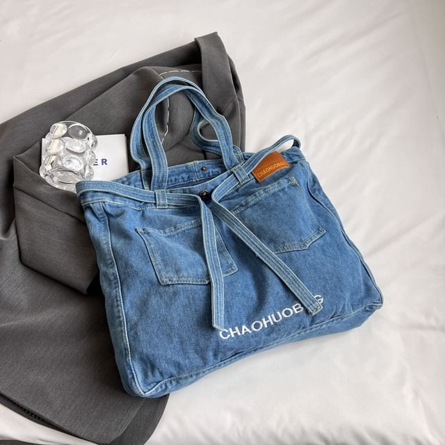 Lettering Washed Denim Tote Bag